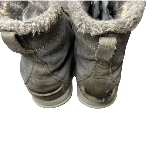 SOREL Women's Gray/Khaki Suede/Leather Explorer Joan Sneaker Boots Faux Fur 7.5