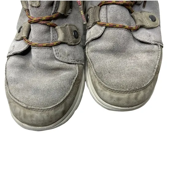 SOREL Women's Gray/Khaki Suede/Leather Explorer Joan Sneaker Boots Faux Fur 7.5