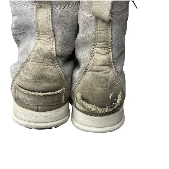 SOREL Women's Gray/Khaki Suede/Leather Explorer Joan Sneaker Boots Faux Fur 7.5