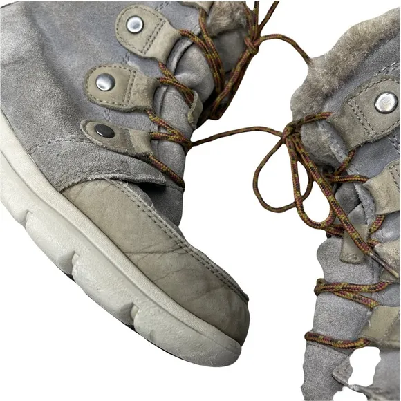 SOREL Women's Gray/Khaki Suede/Leather Explorer Joan Sneaker Boots Faux Fur 7.5