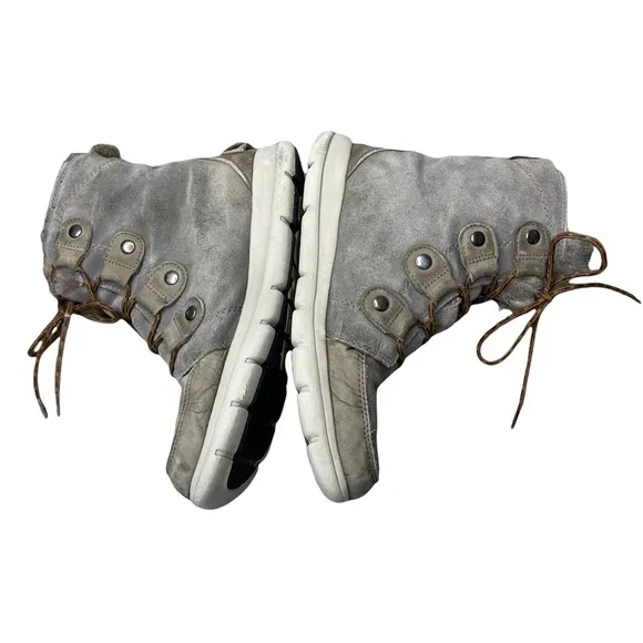 SOREL Women's Gray/Khaki Suede/Leather Explorer Joan Sneaker Boots Faux Fur 7.5