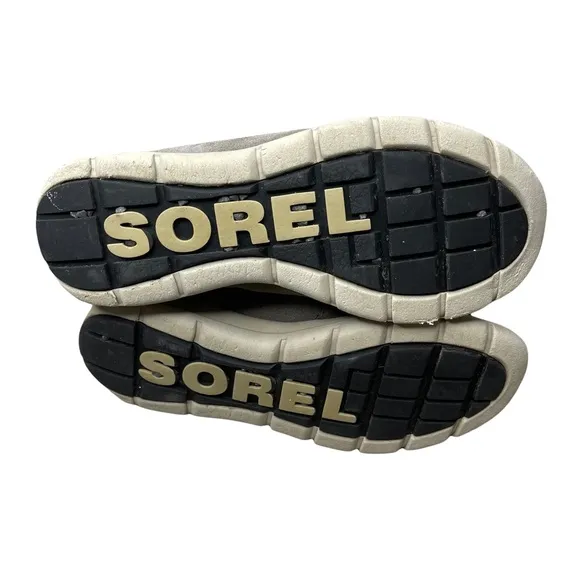 SOREL Women's Gray/Khaki Suede/Leather Explorer Joan Sneaker Boots Faux Fur 7.5