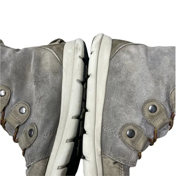 SOREL Women's Gray/Khaki Suede/Leather Explorer Joan Sneaker Boots Faux Fur 7.5