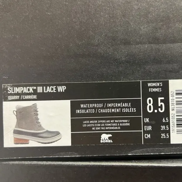 Sorel Women's Slimpack III Lace Waterproof Winter Boots Quarry, Size 8.5 M