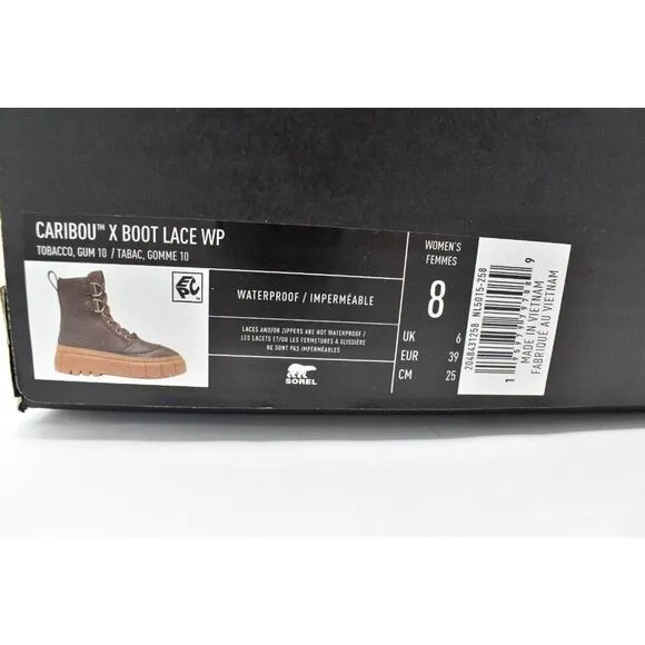 Sorel Womens Size 8 Caribou X Leather Tobacco Gum Waterproof Lace Up Boots