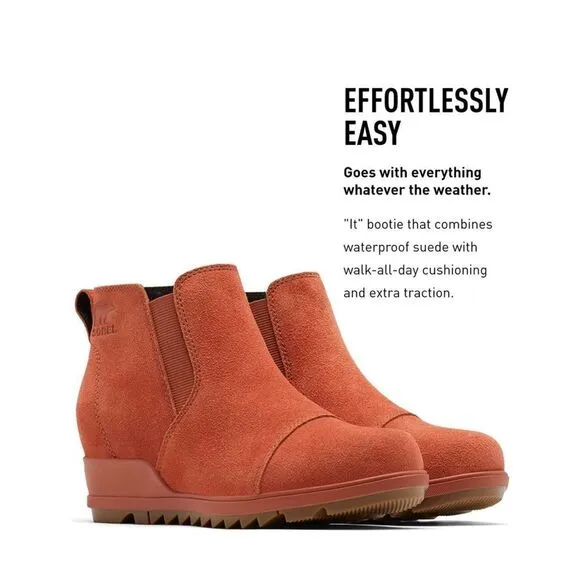SOREL Evie Pull-On Bootie — Waterproof Suede Leather Wedge Ankle Booties