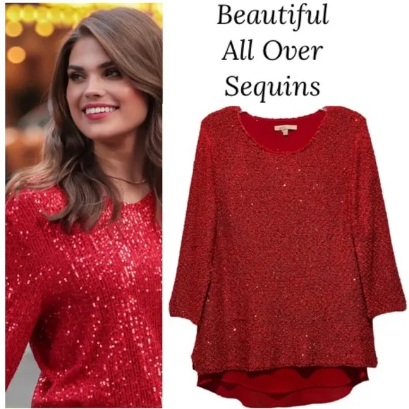 Sparkling Sequins Red Blouse Shimmer Knit Sweater Lightweight Chiffon Size Small