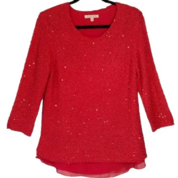 Sparkling Sequins Red Blouse Shimmer Knit Sweater Lightweight Chiffon Size Small
