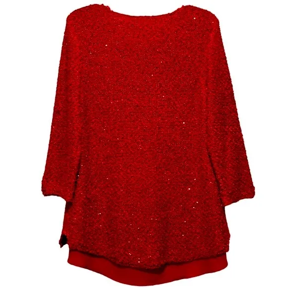 Sparkling Sequins Red Blouse Shimmer Knit Sweater Lightweight Chiffon Size Small