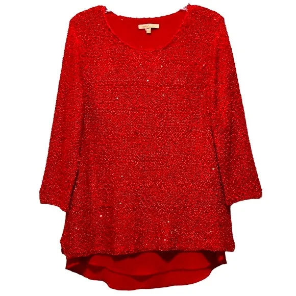 Sparkling Sequins Red Blouse Shimmer Knit Sweater Lightweight Chiffon Size Small