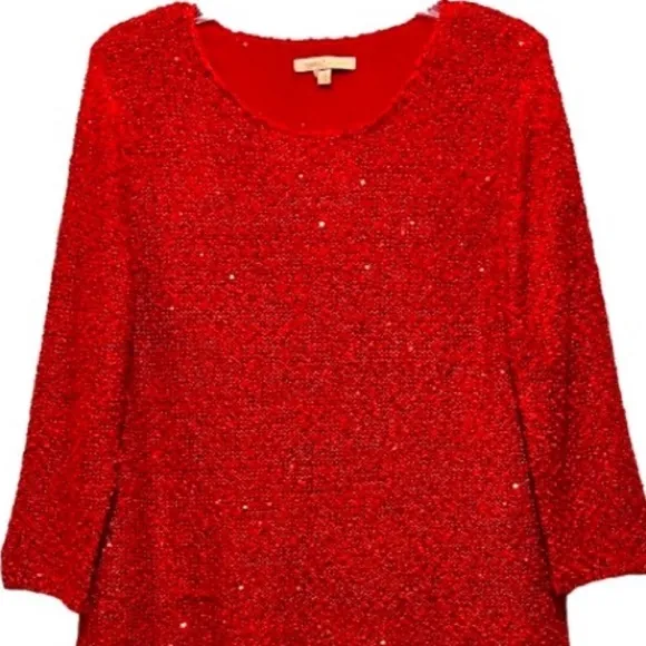 Sparkling Sequins Red Blouse Shimmer Knit Sweater Lightweight Chiffon Size Small