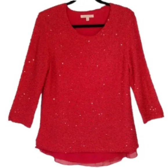 Sparkling Sequins Red Blouse Shimmer Knit Sweater Lightweight Chiffon Size Small