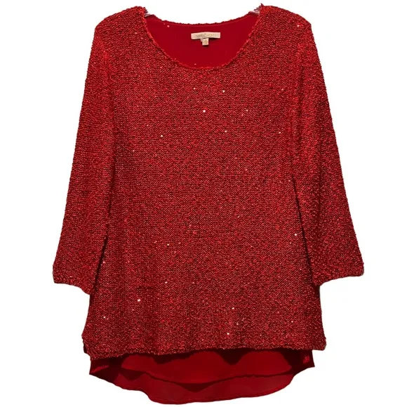 Sparkling Sequins Red Blouse Shimmer Knit Sweater Lightweight Chiffon Size Small