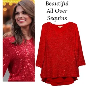 Sparkling Sequins Red Blouse Shimmer Knit Sweater Lightweight Chiffon Size Small