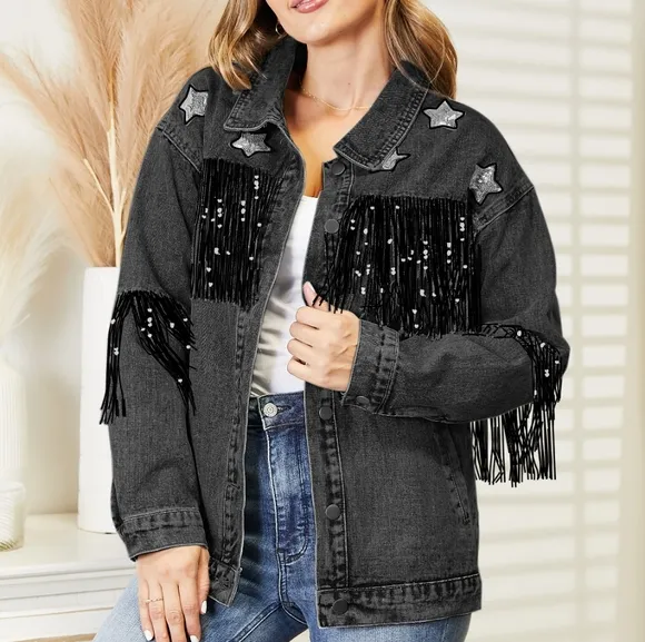 Sparkling Silver Sequin Fringe Denim Jacket - Black