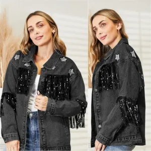 Sparkling Silver Sequin Fringe Denim Jacket - Black