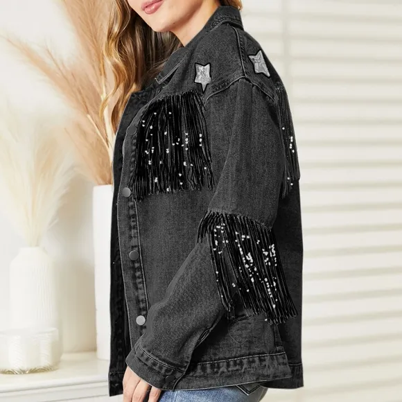 Sparkling Silver Sequin Fringe Denim Jacket - Black