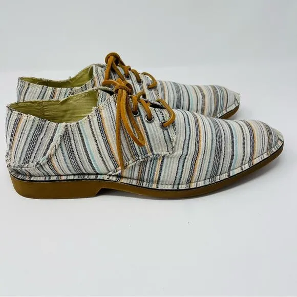 Sperry cream blue linen striped coastal preppy Topsiders Oxford men’s shoes 10
