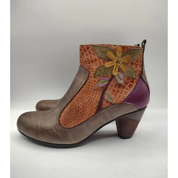 Spring Step L'Artiste Women Dramatic Floral Ankle Boot Size 8.5 US 39 EU Taupe