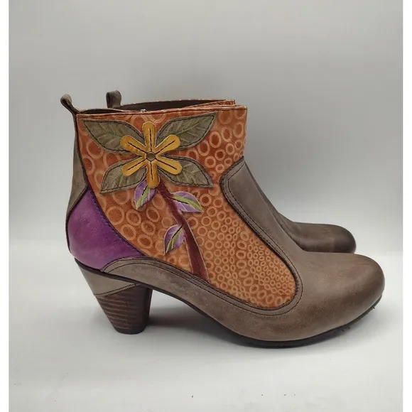 Spring Step L'Artiste Women Dramatic Floral Ankle Boot Size 8.5 US 39 EU Taupe