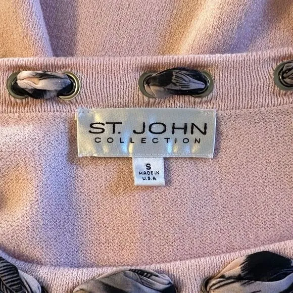 St. John Collection Pale Pink Knit Bow Tie Silk Scarf Long Sleeve Sweater