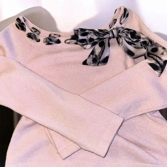 St. John Collection Pale Pink Knit Bow Tie Silk Scarf Long Sleeve Sweater