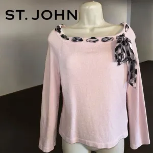 St. John Collection Pale Pink Knit Bow Tie Silk Scarf Long Sleeve Sweater