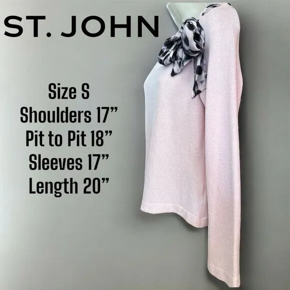 St. John Collection Pale Pink Knit Bow Tie Silk Scarf Long Sleeve Sweater
