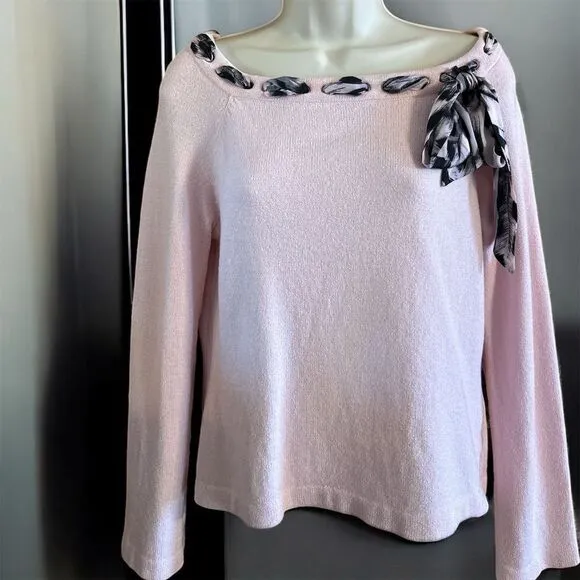 St. John Collection Pale Pink Knit Bow Tie Silk Scarf Long Sleeve Sweater