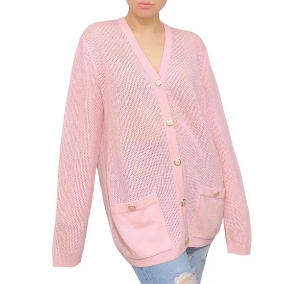 St John Open Knit Pink Gold Button Down Cardigan Sweater