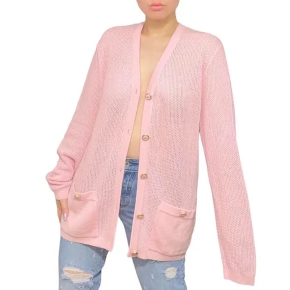 St John Open Knit Pink Gold Button Down Cardigan Sweater