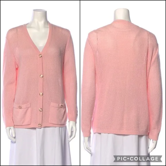 St John Open Knit Pink Gold Button Down Cardigan Sweater