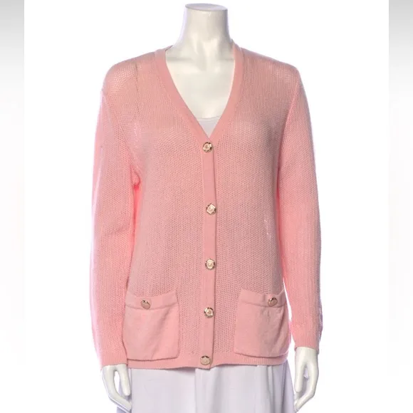 St John Open Knit Pink Gold Button Down Cardigan Sweater