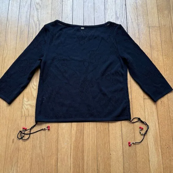 St. John Size S Black Wool Blend Knit 3/4 Sleeve Boat Neck Top w/ Red Beaded Tie
