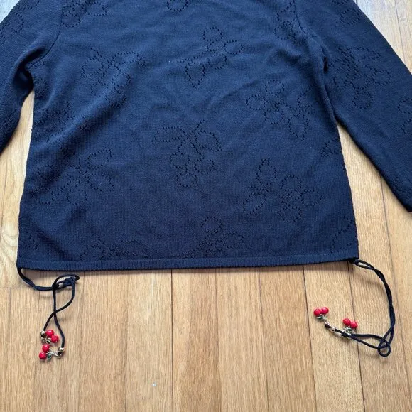 St. John Size S Black Wool Blend Knit 3/4 Sleeve Boat Neck Top w/ Red Beaded Tie
