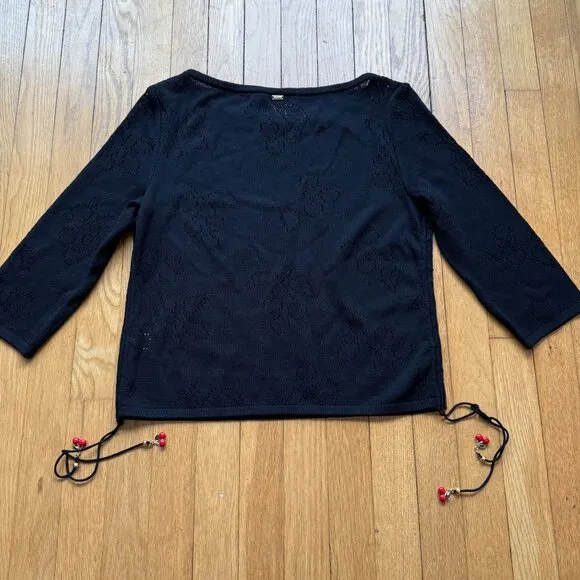 St. John Size S Black Wool Blend Knit 3/4 Sleeve Boat Neck Top w/ Red Beaded Tie