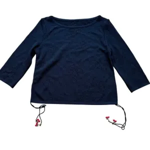 St. John Size S Black Wool Blend Knit 3/4 Sleeve Boat Neck Top w/ Red Beaded Tie