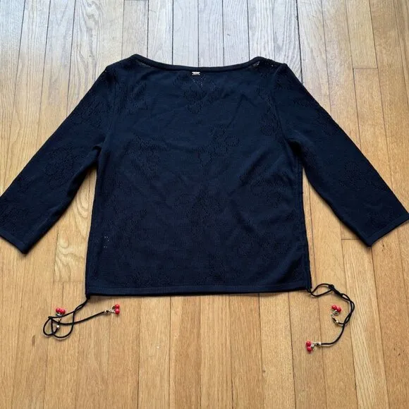 St. John Size S Black Wool Blend Knit 3/4 Sleeve Boat Neck Top w/ Red Beaded Tie