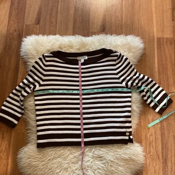 St. John Sport Women’s Brown &amp; White Striped Cropped Knit Sweater Sz Sm