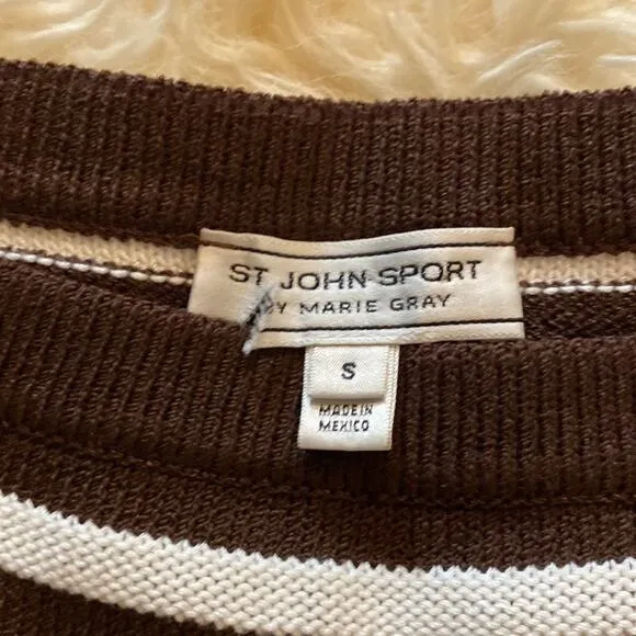 St. John Sport Women’s Brown &amp; White Striped Cropped Knit Sweater Sz Sm