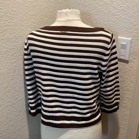 St. John Sport Women’s Brown &amp; White Striped Cropped Knit Sweater Sz Sm