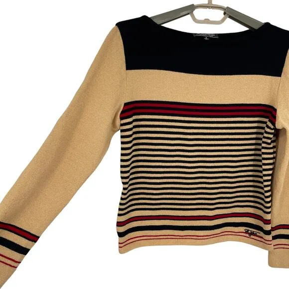 St. John Sport  Womens Stripe Sweater Boat Neck Beige Black Logo Size Small