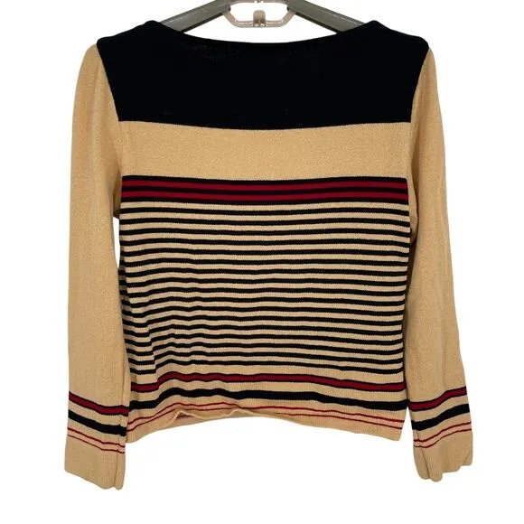 St. John Sport  Womens Stripe Sweater Boat Neck Beige Black Logo Size Small