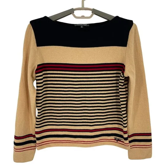 St. John Sport  Womens Stripe Sweater Boat Neck Beige Black Logo Size Small