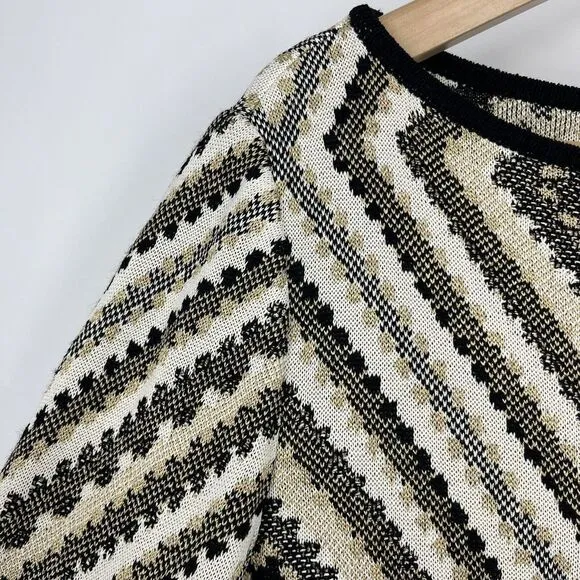 St John Sport Sweater Size Small Womens Black Gold Metallic Geometric Boat Neck