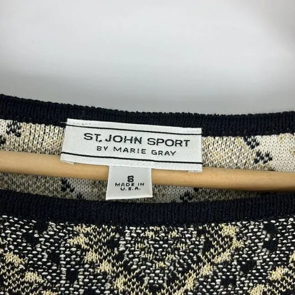 St John Sport Sweater Size Small Womens Black Gold Metallic Geometric Boat Neck