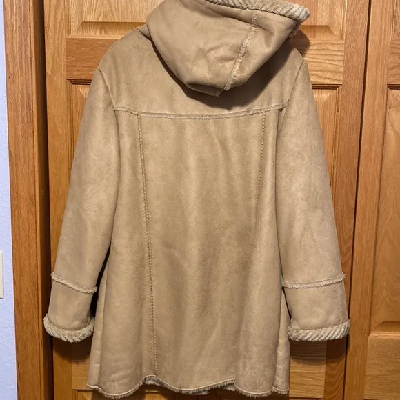 St Johns Bay faux suede leather fur lined long coat size XL hood with pockets