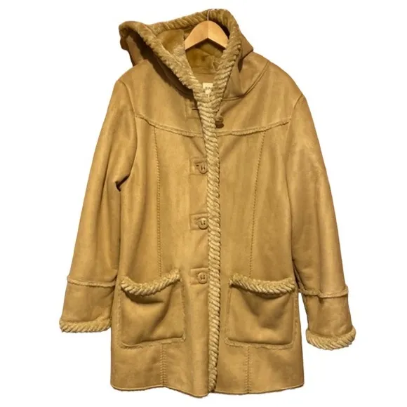 St Johns Bay faux suede leather fur lined long coat size XL hood with pockets