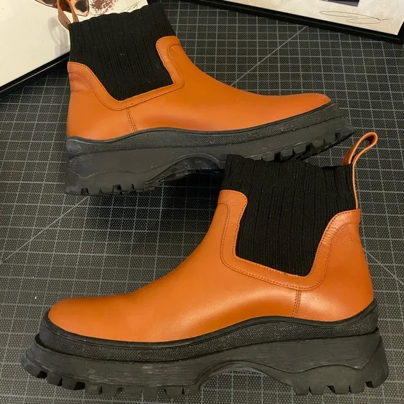 Staud Bow Lug-Sole Leather Sock Boots in Orange color Size 6.5