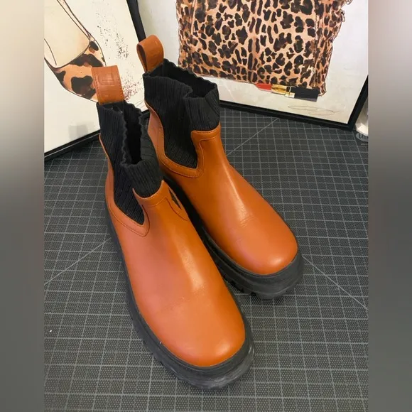 Staud Bow Lug-Sole Leather Sock Boots in Orange color Size 6.5